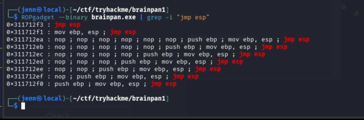 ROPgadget output showing JMP ESP at 0x311712f3 in brainpan.exe